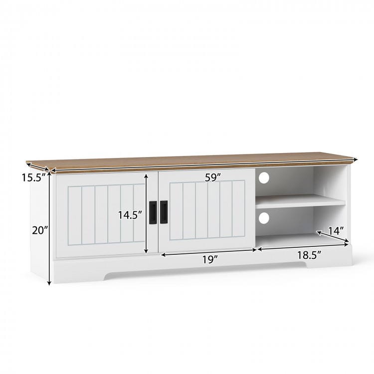 Farmhouse TV stand with sliding doors, white finish, 2 cabinets, and 2 open compartments for TVs up to 65 inches.