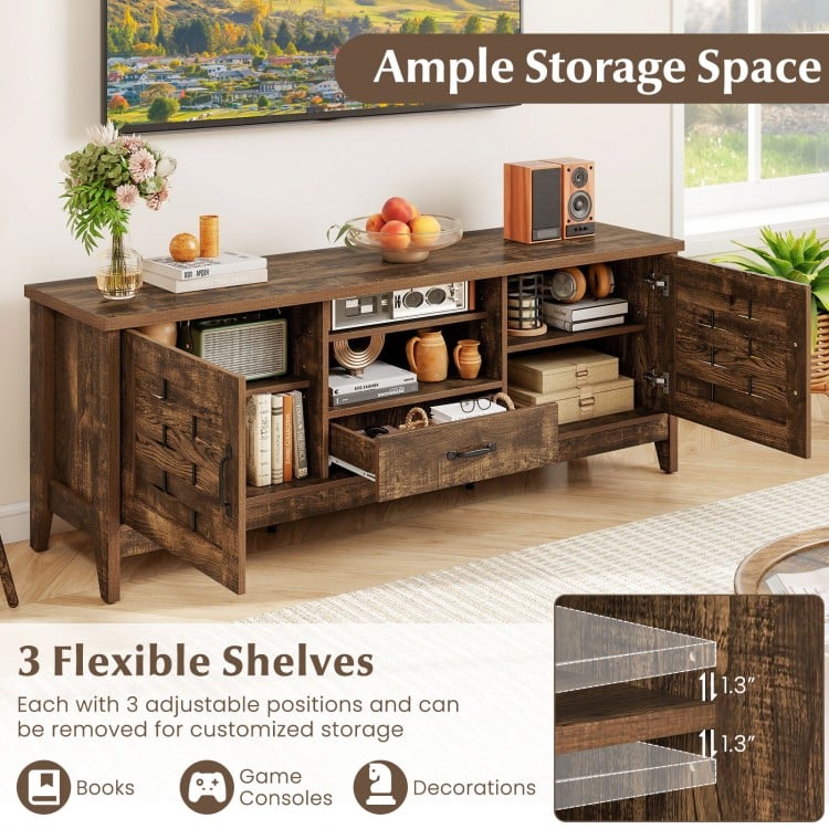 Farmhouse TV stand in rustic brown with 3 adjustable shelves, woven accent doors, and ample storage for TVs up to 65.