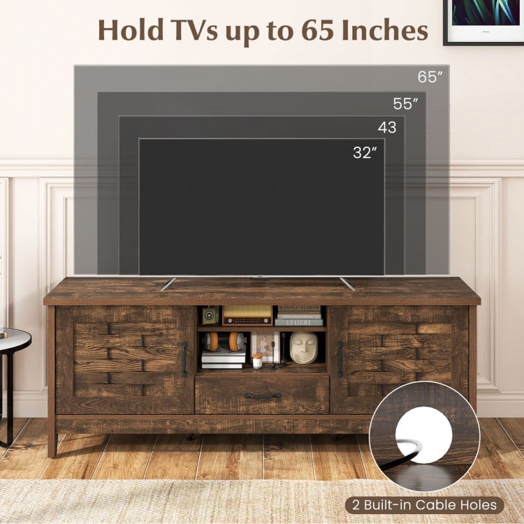 Farmhouse TV stand in rustic brown, designed for 65-inch TVs, featuring 2 woven doors and 3 adjustable shelves.