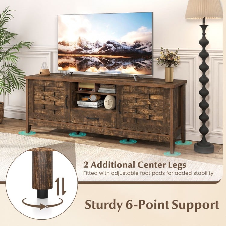 Farmhouse TV stand in rustic brown with 2 woven accent doors, 3 adjustable shelves, and sturdy 6-point support for.
