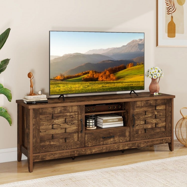 Rustic brown farmhouse TV stand showcasing woven accent doors, a central drawer, and cable management for an organized.