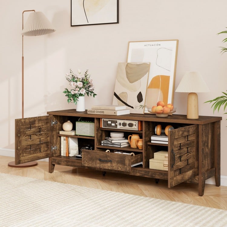 Farmhouse TV stand in rustic brown with woven accent doors, 3 adjustable shelves, and ample storage for 65-inch TVs.