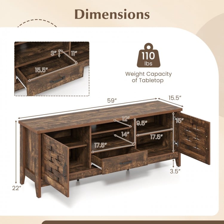 Farmhouse TV stand dimensions with 3 adjustable shelves, 2 woven accent doors, and sturdy support for 65-inch TVs.