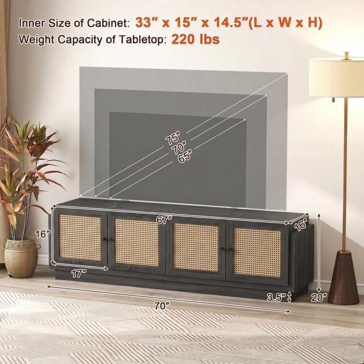 Farmhouse TV stand in black with PE rattan doors, adjustable shelves, and a wide tabletop for TVs up to 75 inches.