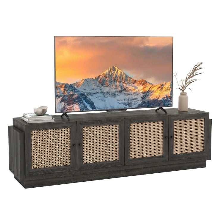 Farmhouse TV stand in black with PE rattan doors, designed for TVs up to 75 inches and featuring adjustable shelves.