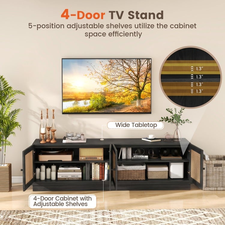 Farmhouse TV stand in black features a wide tabletop, 4-door cabinet with adjustable shelves, and elegant PE rattan doors.