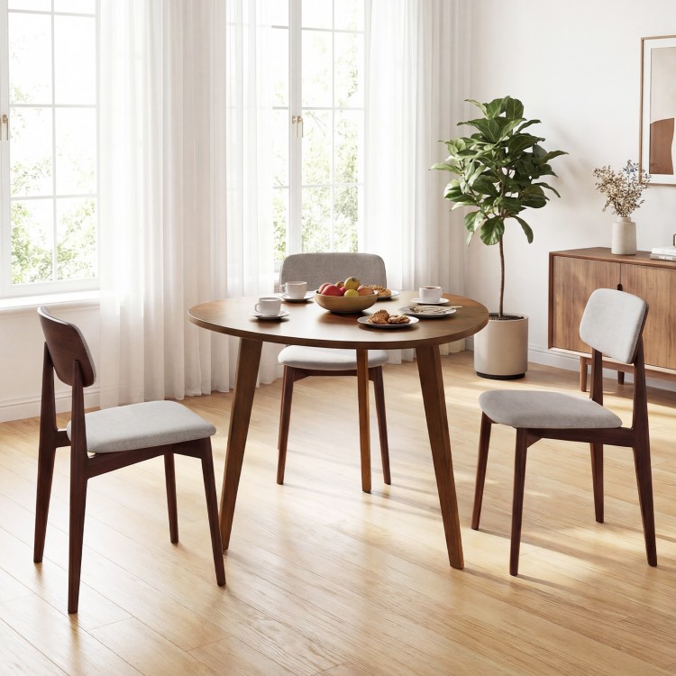 Round walnut dining table for 4 with rubber wood legs, featuring a unique triangle-shaped tabletop for stylish.