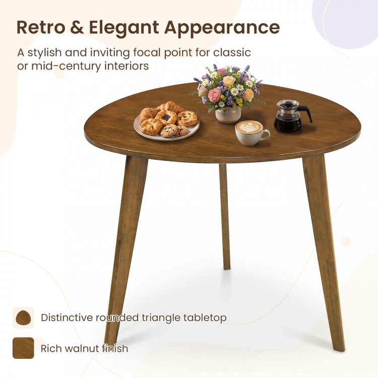Round dining table for 4 with a unique triangle-shaped walnut tabletop, perfect for cozy gatherings in small spaces.