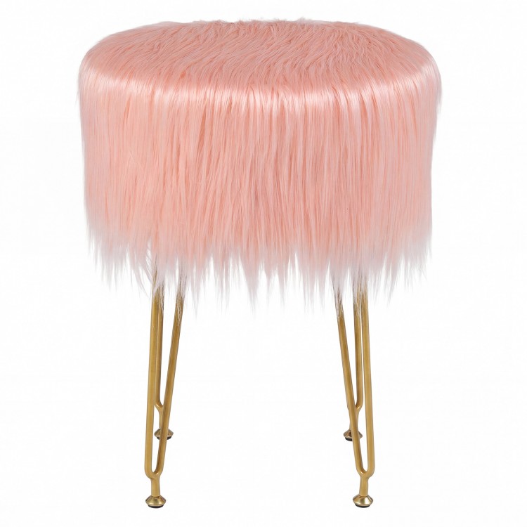 Faux fur vanity stool chair in pink with metal legs, stylish design for bedroom or living room, compact and stable.