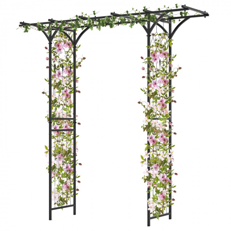 Garden arbor with trellises for climbing plants, featuring a flat roof and sturdy metal construction, ideal for outdoor.