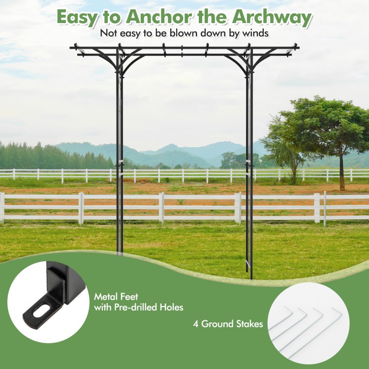 Garden arbor with trellises, 6.8 feet tall, featuring metal feet and stakes for secure anchoring in various outdoor.
