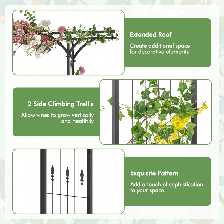 6.8 feet garden arbor featuring an extended roof and side trellises, perfect for climbing plants and elegant.