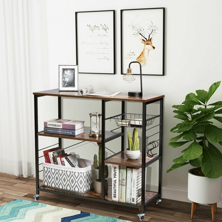 Rolling industrial kitchen baker’s storage shelf with 3-tier shelves and mesh basket, ideal for organizing kitchen.