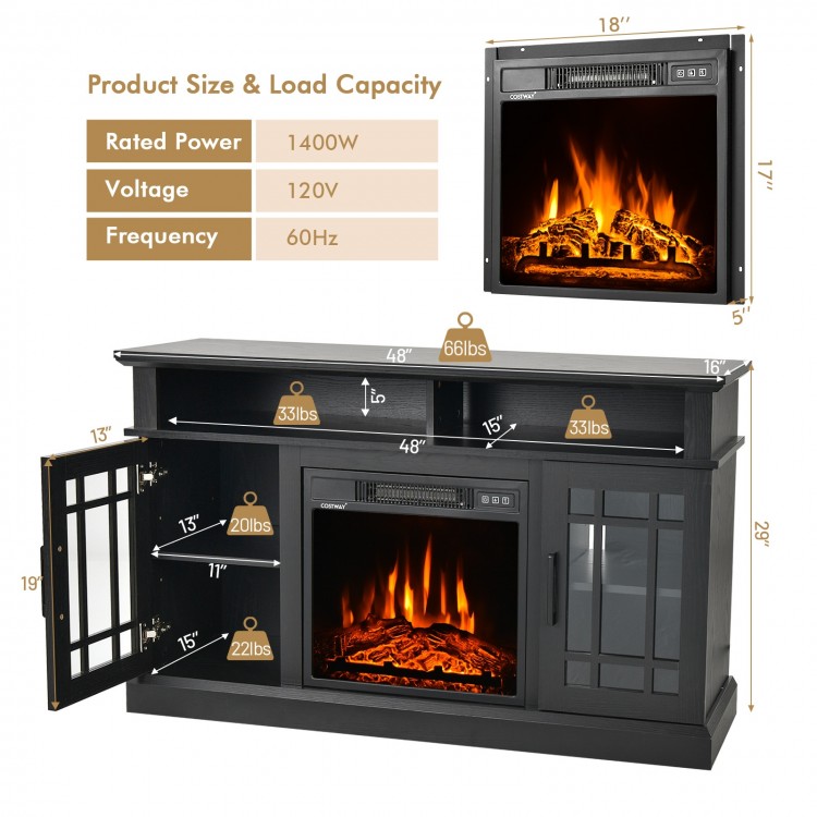 Electric fireplace TV stand in black, featuring realistic flames, adjustable shelves, and space for TVs up to 55 inches.