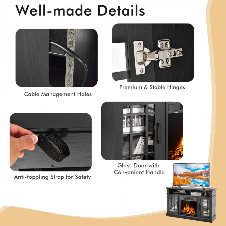 Close-up of the 48-inch electric fireplace TV stand's premium hinges and cable management holes for organized storage.
