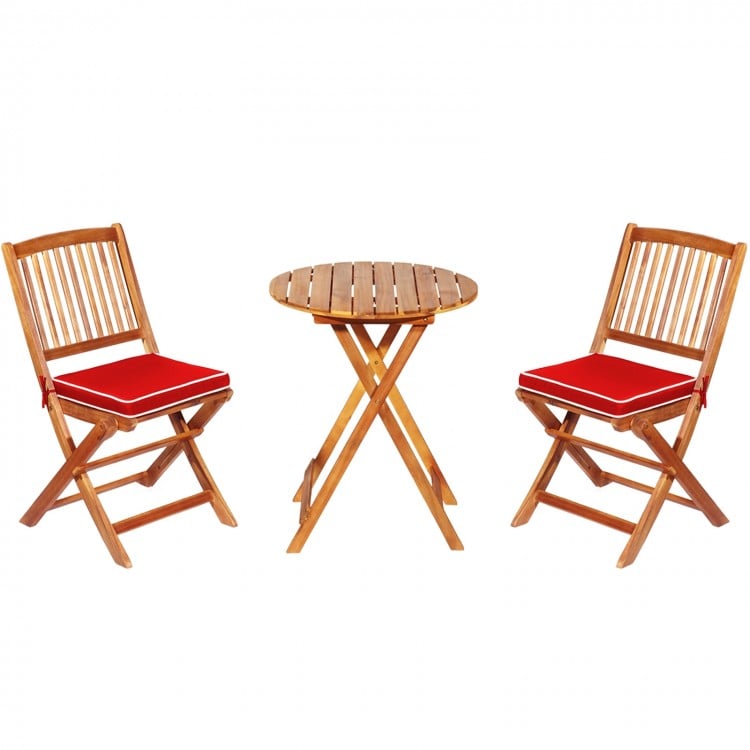 Folding wooden bistro set with red cushioned chairs and round table, made of solid acacia wood for outdoor use.