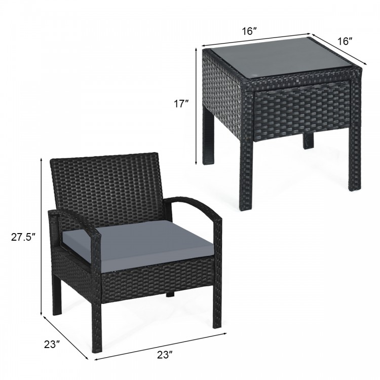 Single chair from the 3-piece outdoor rattan patio conversation set with gray cushion, perfect for backyard relaxation.
