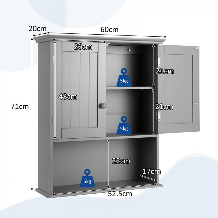 Dimensions of a dark gray wall-mounted bathroom storage cabinet, showcasing height, width, and shelf spacing for.