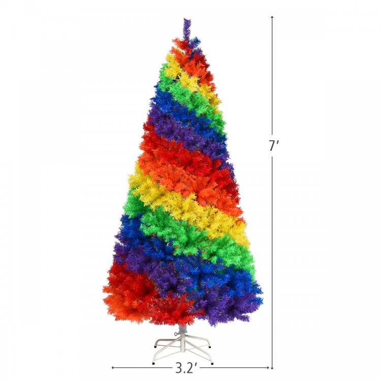 7-foot rainbow swirl artificial Christmas tree with 1213 PVC branch tips and sturdy metal stand for indoor or outdoor.