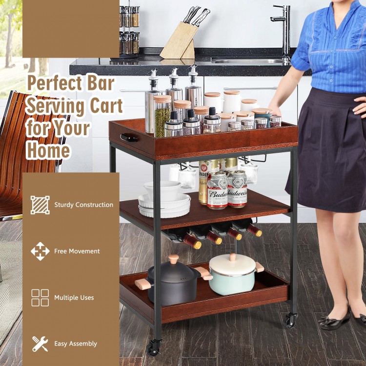 Three-tier kitchen island serving bar cart with wine rack and glass holder, made of wood and metal, ideal for kitchens.