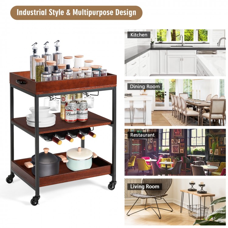 Three-tier kitchen island serving bar cart with wine bottle rack and glass holder, ideal for kitchens and dining areas.