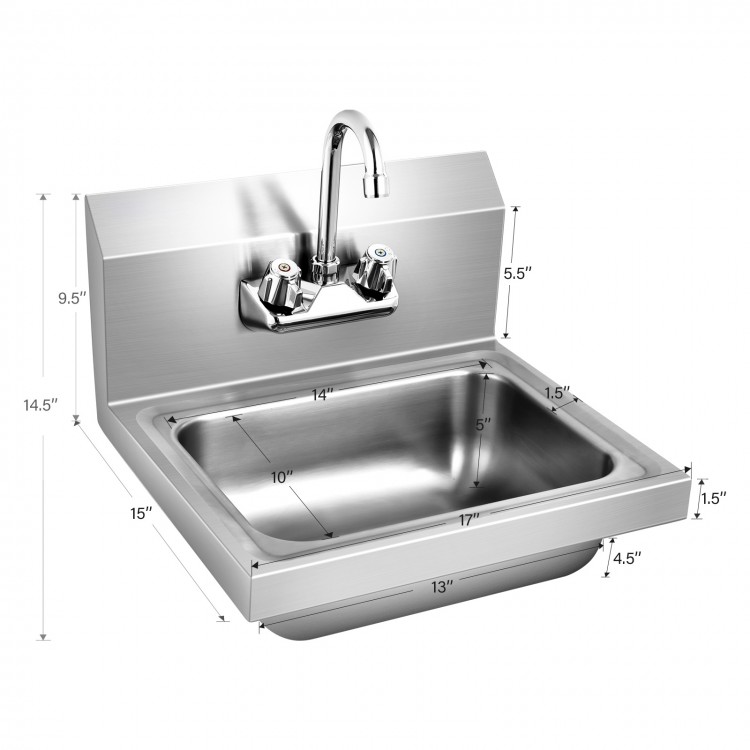 Stainless steel wall mount hand washing sink with faucet, oversized bowl, and pre-drilled back splash for easy.