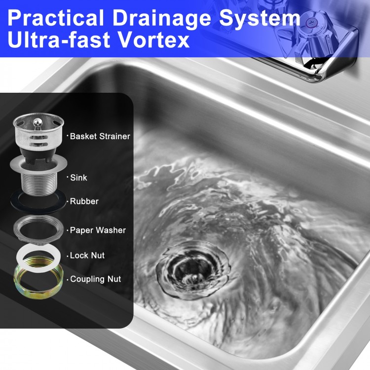 Stainless steel wall mount hand washing sink with faucet, oversized bowl, and practical drainage system for easy.