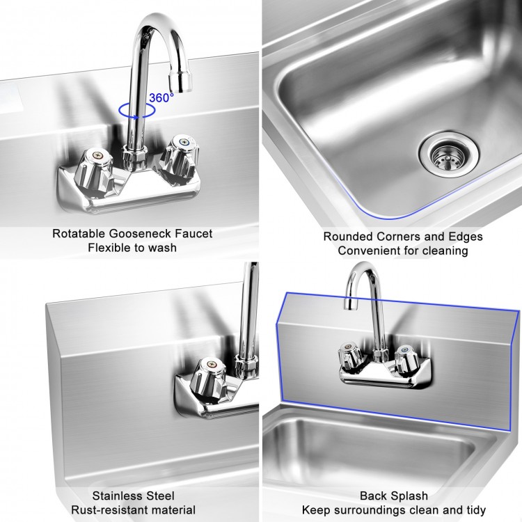 Stainless steel wall mount hand washing sink with rotatable faucet, oversized bowl, and rounded corners for easy.