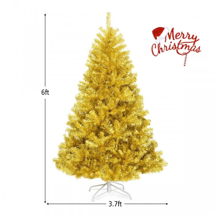 Champagne gold 6 ft artificial tinsel Christmas tree with hinged branches and sturdy metal stand for indoor or outdoor.