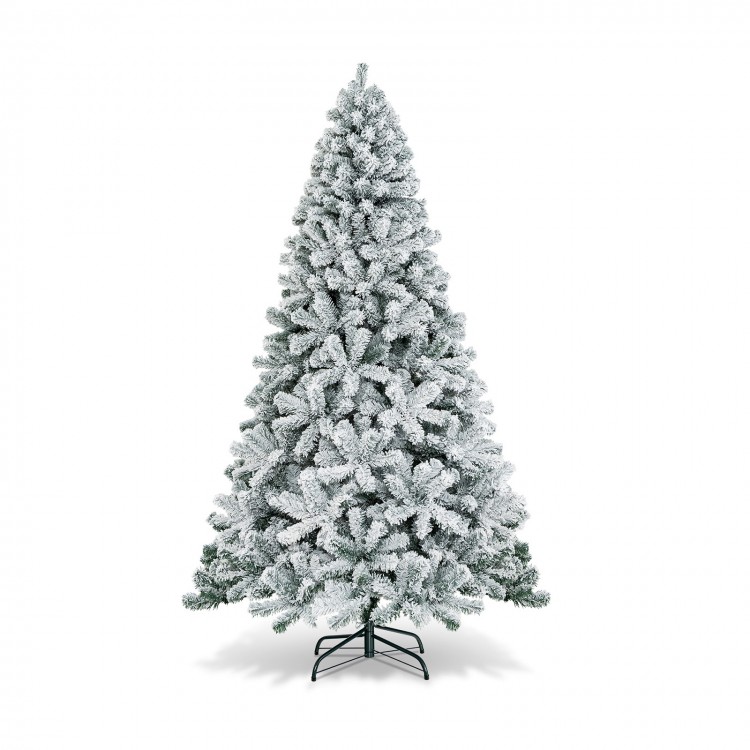 7.5 feet snow flocked artificial Christmas tree with 1010 branch tips, eco-friendly PVC, and stable X-shaped metal.