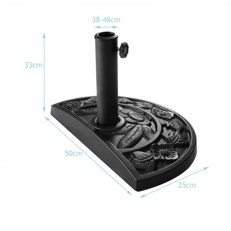 Half round outdoor patio umbrella base with ornate flower design, made of rust-free resin, adjustable for stability.