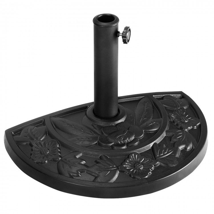 Half round patio umbrella base featuring an ornate flower design, made of rust-free resin for long-lasting outdoor use.