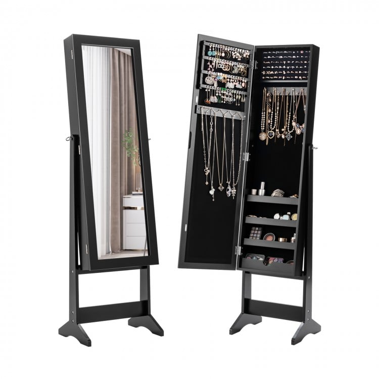 Black mirrored jewelry cabinet armoire with stand, featuring large storage capacity for rings and accessories.