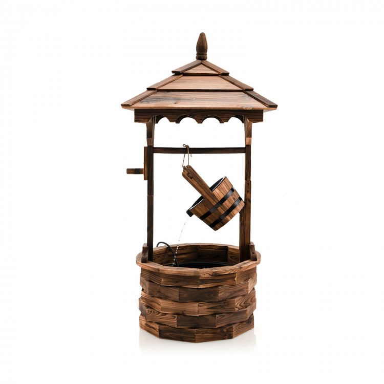 Patio wooden water fountain in brown with electric pump, detachable bucket, and decorative pavilion for outdoor charm.