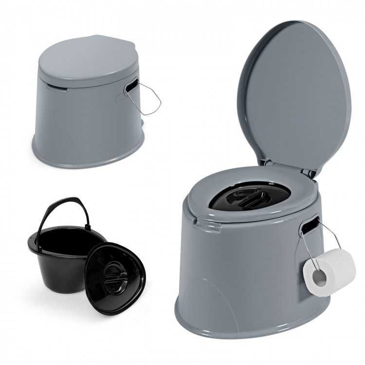 Compact 5L portable travel toilet in gray with ergonomic design, featuring a detachable paper holder for convenience.