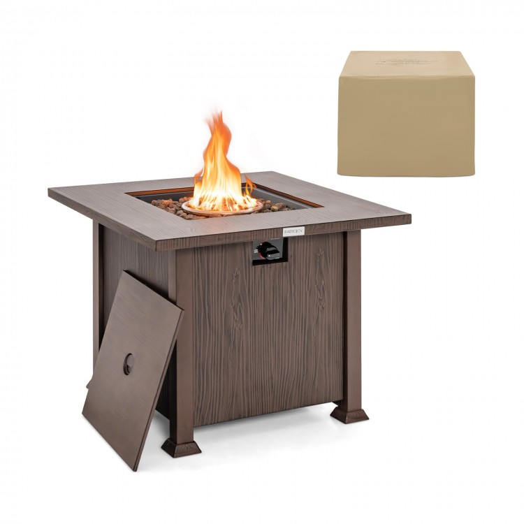 Square 32-inch fire pit table in brown with lid, 50,000 BTU burner, and lava rocks, perfect for outdoor gatherings.