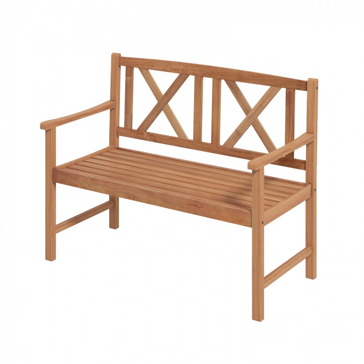 Wooden outdoor bench for two with eye-catching backrest patterns, suitable for garden or backyard relaxation.