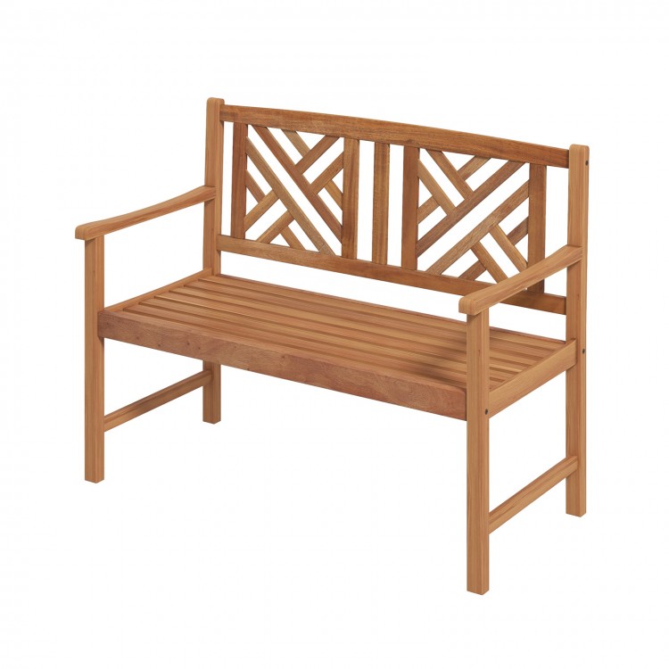 2-person wooden outdoor bench with cozy armrests, slatted seat design, and attractive backrest patterns for patio use.