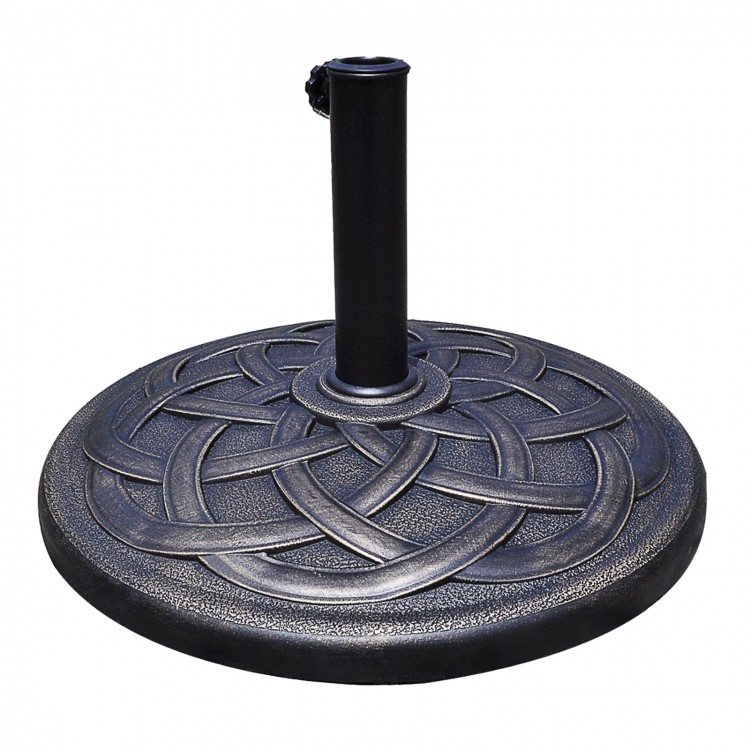 Heavy-duty 22-inch round umbrella base stand with decorative bronze finish and rust-resistant resin construction.