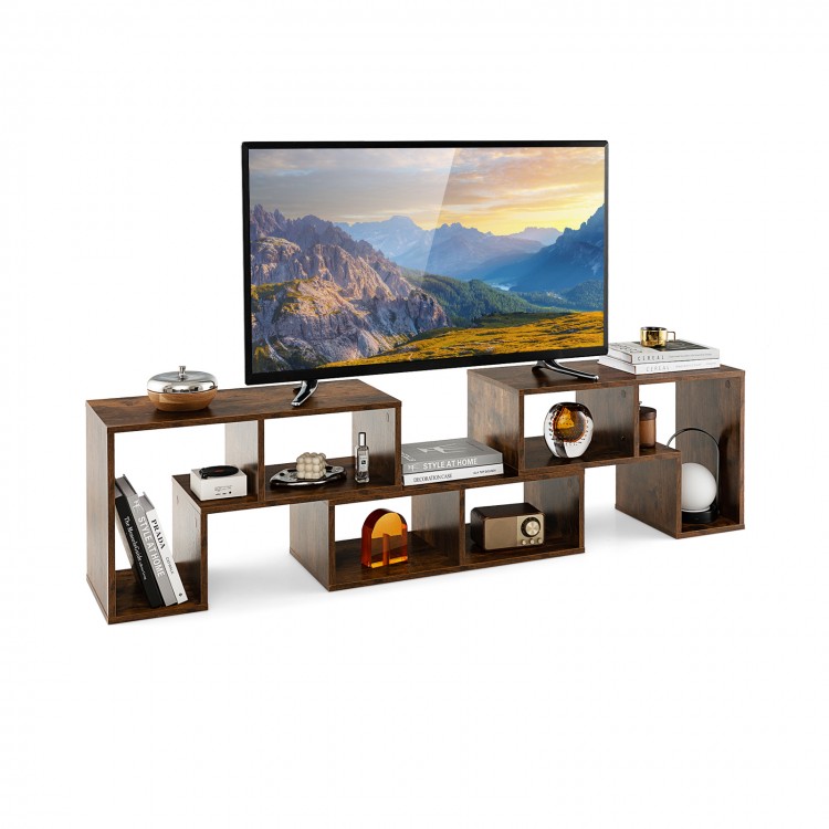 Brown 3-piece console TV stand with spacious tabletop and 6 open compartments, ideal for TVs up to 65 inches.