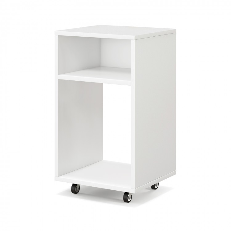 Mobile file cabinet in white with two open shelves and rolling casters, ideal for printer and document organization.