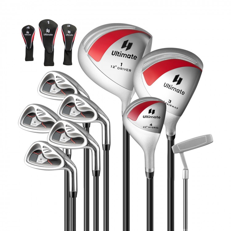 Women's 9-piece complete golf club set in red with lightweight carbon shafts and head covers for beginners' comfort.
