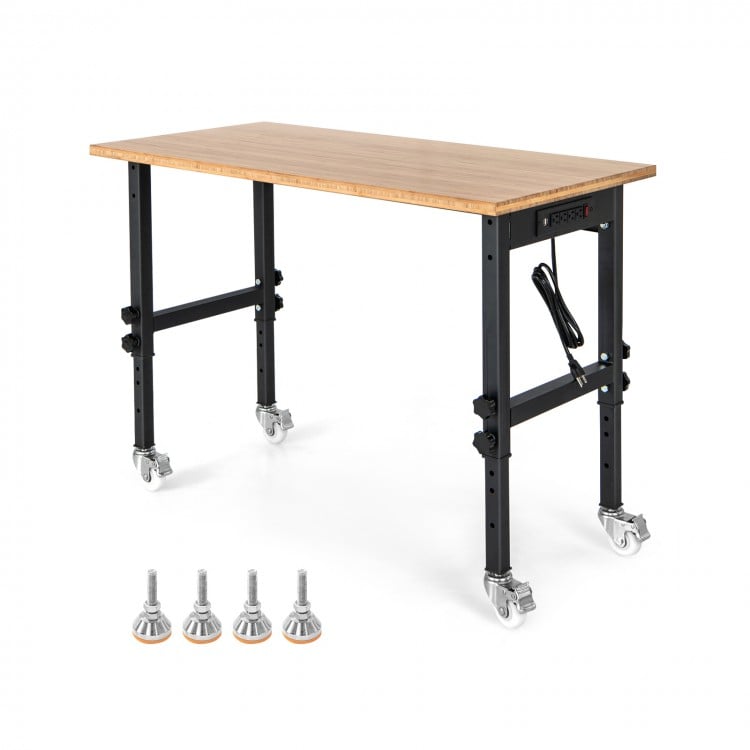 Front view of the 48" adjustable height mobile workbench with natural bamboo top and sturdy metal frame, ideal for.