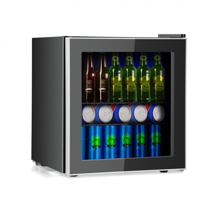 Mini beverage refrigerator with glass door, holds 60 cans, features removable shelves and LED light for easy access.