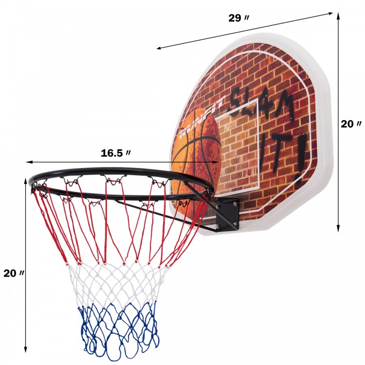 Wall mounted basketball hoop with 29" x 20" polypropylene backboard and two all-weather nylon nets for indoor fun.