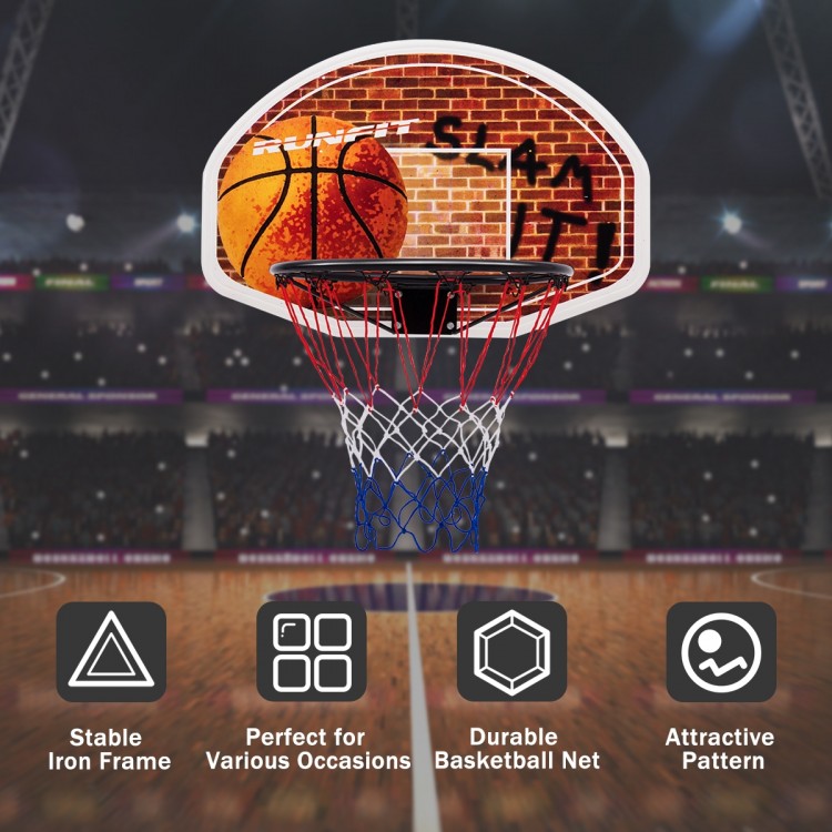 Wall mounted basketball hoop with 29" polypropylene backboard and durable nylon nets, perfect for indoor or outdoor.