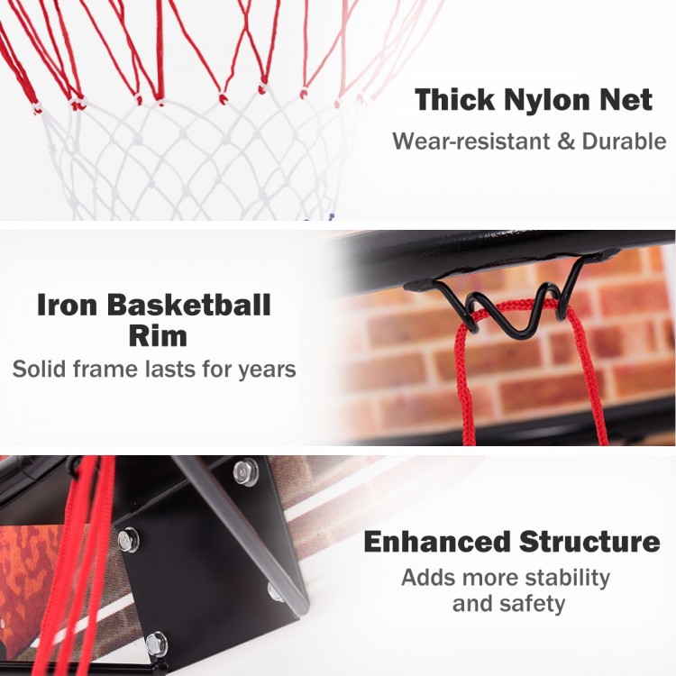 Close-up of the heavy-duty iron basketball rim with thick nylon net, designed for wall-mounted play and durability.