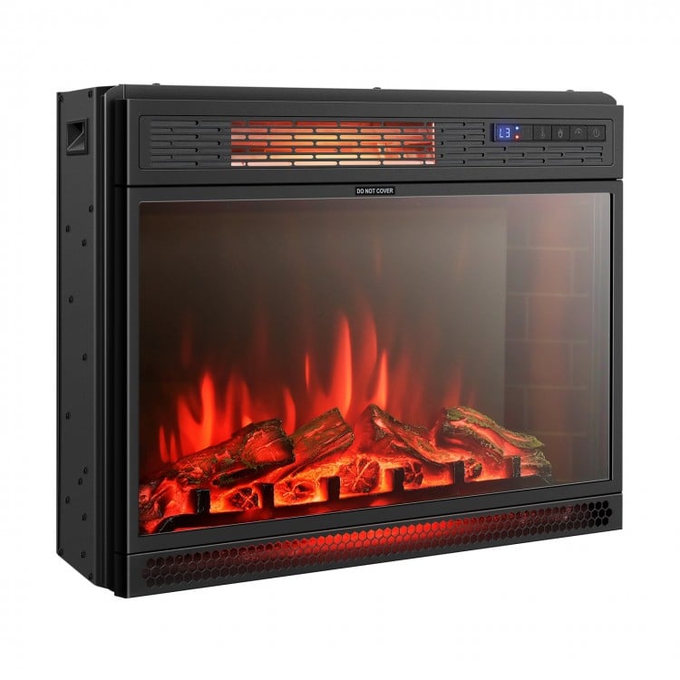 Recessed electric heater with realistic flame effect, 900/1350W settings, ideal for living room or bedroom use.