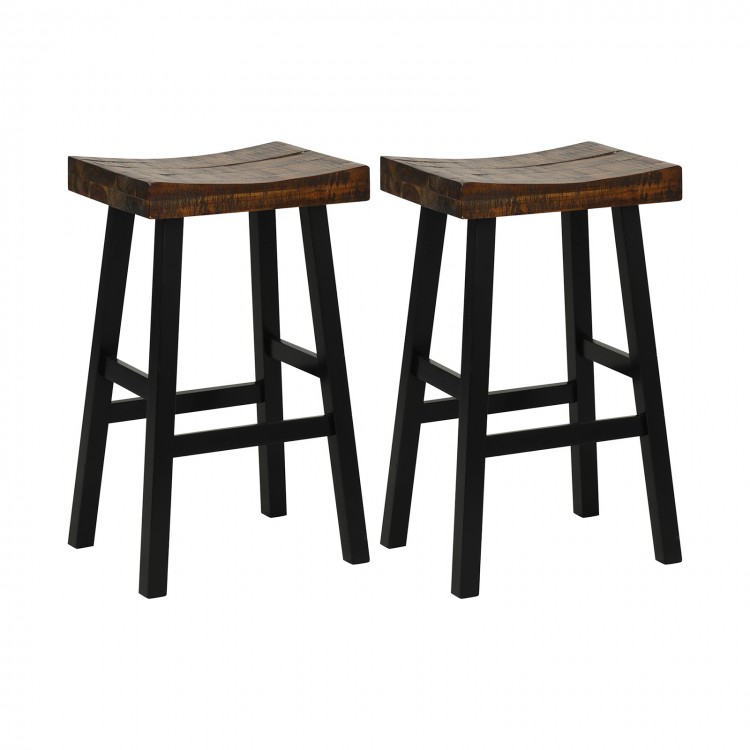Set of two 29-inch solid wood saddle-seat stools with curved surfaces and footrests, ideal for home or cafe use.