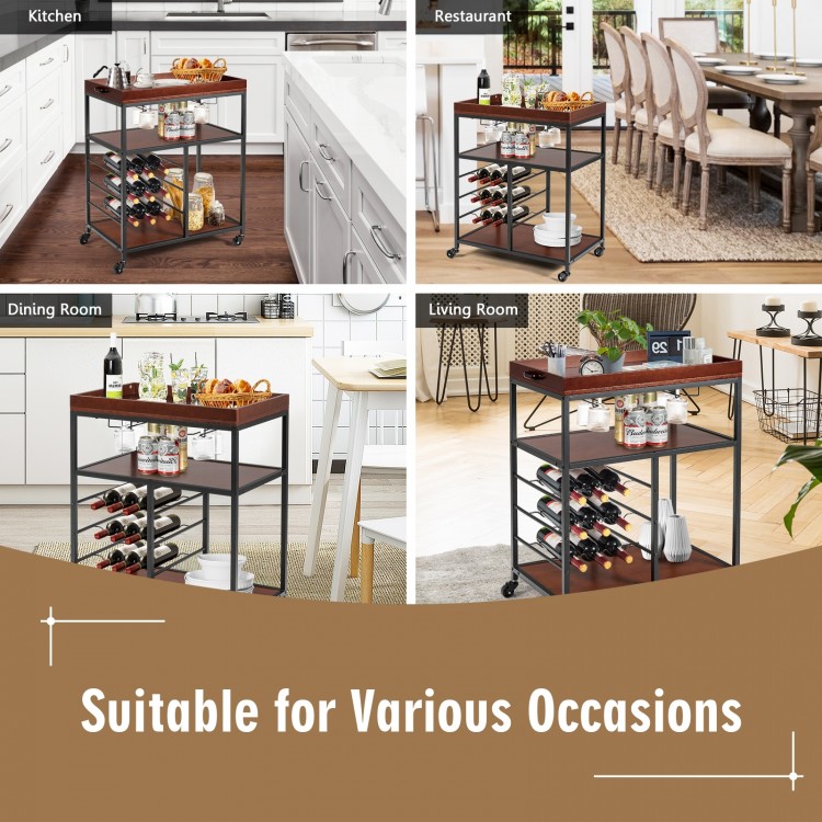 Three-tier serving cart with wine rack and glass holders, designed for versatile use in kitchens and dining areas.